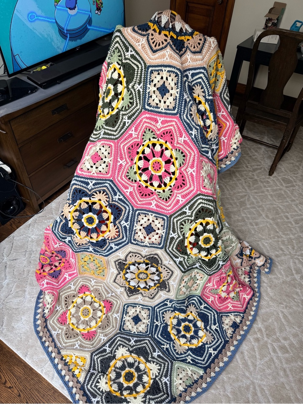 Persian style Flower granny afghan Handmade Crochet blanket 91” x 91”
